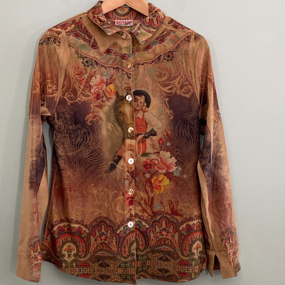 Fantazia Faux Suede Button Up Cowgirl Rodeo Shirt Top Womens Small USA VTG